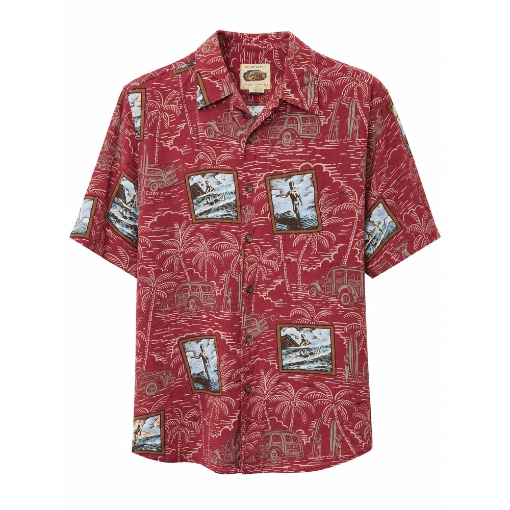 Vintage Reyn Spooner Art of Eddy Y Hawaiian Shirt Red Surf Woody Wagon Men's L